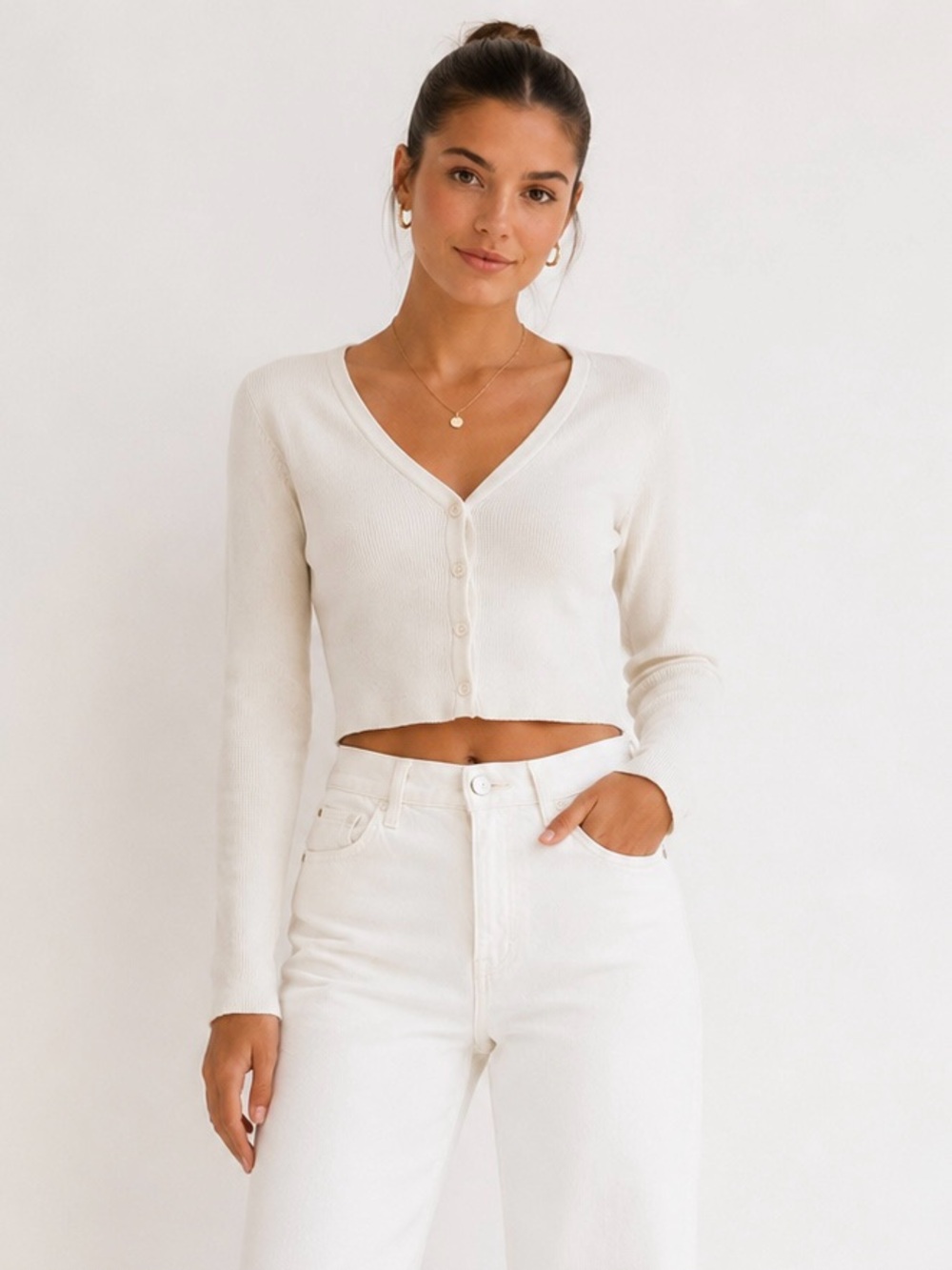 Brandy Melville White Ribbed Knit Cropped Cardigan 100% Cotton V-Neck